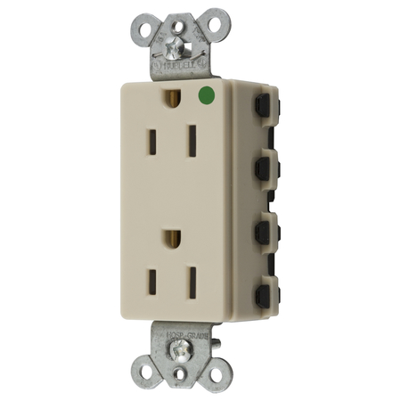 HUBBELL WIRING DEVICE-KELLEMS Straight Blade Devices, Receptacles, Style Line Decorator, SNAPConnect, Hospital Grade, 15A 125V, 2-Pole 3- Wire Grounding, 5-15R, Nylon, Ivory, USA SNAP2172INA